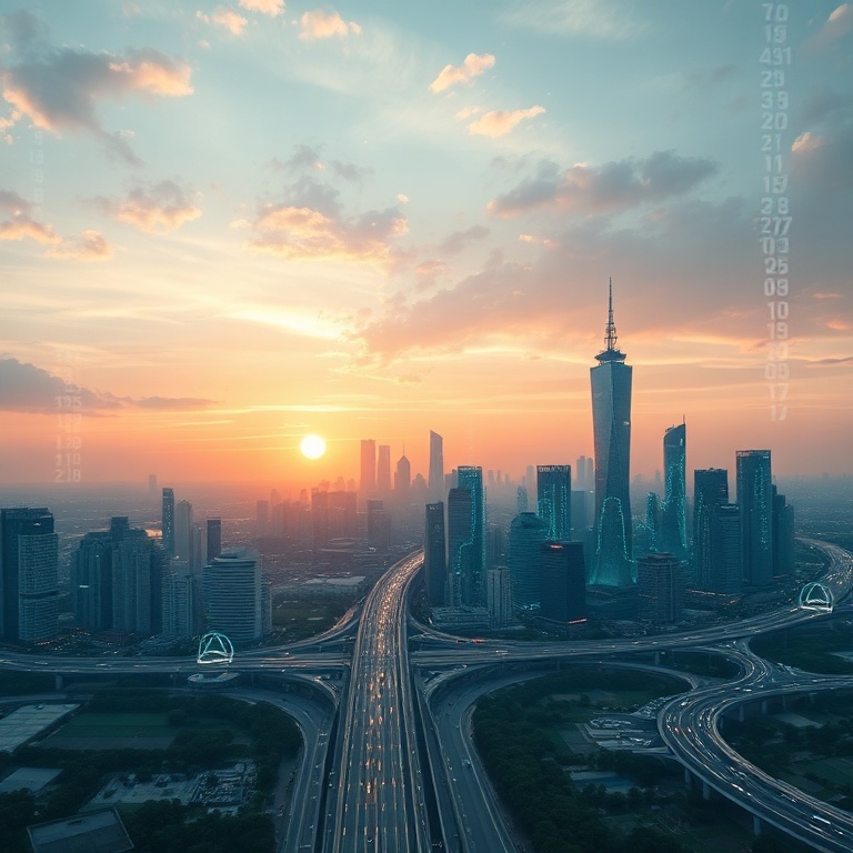 openais - A panoramic view of a futuristic city skyline at dawn, with holographic data streams and clean energy vehicles, sym