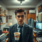 A young adult looking extremely stressed, standing in a small, cluttered apartment, surrounded by props like a fake corporate nameplate, an expensive suit on a hanger, and a half-eaten instant ramen cup, with a laptop showing a generic corporate background. The mood is anxious and overwhelmed, with harsh overhead lighting. Cinematic, ultra realistic, highly detailed, 8k quality, photorealistic. Faking a high-paying career.