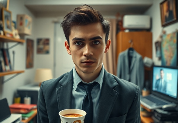 A young adult looking extremely stressed, standing in a small, cluttered apartment, surrounded by props like a fake corporate nameplate, an expensive suit on a hanger, and a half-eaten instant ramen cup, with a laptop showing a generic corporate background. The mood is anxious and overwhelmed, with harsh overhead lighting. Cinematic, ultra realistic, highly detailed, 8k quality, photorealistic. Faking a high-paying career.