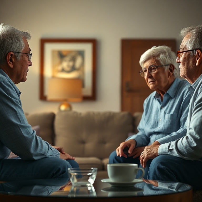 A person sitting across from two older adults (parents), in a softly lit, comfortable living room. The person looks slightly