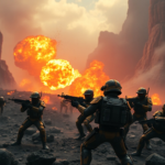A squad of four Helldivers in futuristic power armor engaging a horde of alien Terminids on a volcanic planet, explosions in the background, vibrant orange and black color palette, intense action, sci-fi military theme, highly detailed, cinematic, 8k quality, photorealistic