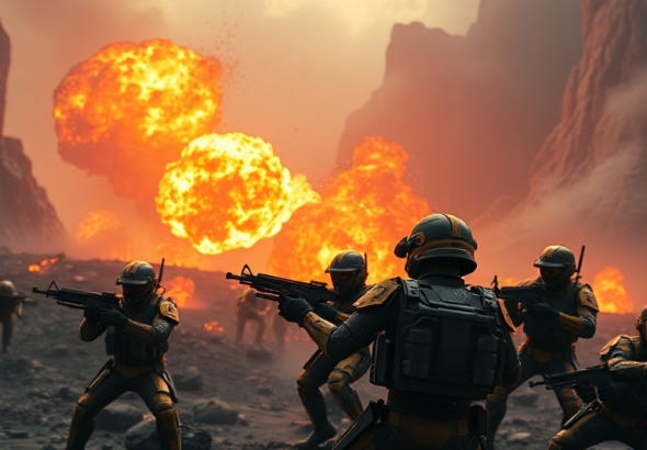 A squad of four Helldivers in futuristic power armor engaging a horde of alien Terminids on a volcanic planet, explosions in the background, vibrant orange and black color palette, intense action, sci-fi military theme, highly detailed, cinematic, 8k quality, photorealistic