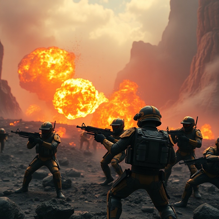 A squad of four Helldivers in futuristic power armor engaging a horde of alien Terminids on a volcanic planet, explosions in the background, vibrant orange and black color palette, intense action, sci-fi military theme, highly detailed, cinematic, 8k quality, photorealistic
