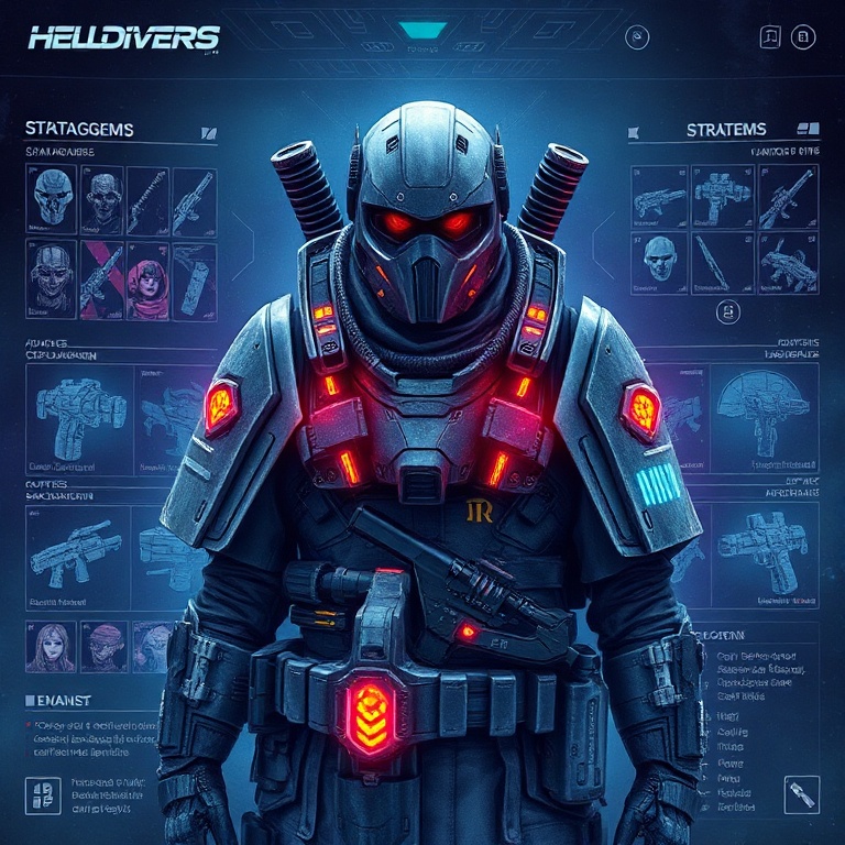 A Helldivers player character in a highly detailed customization screen, showcasing various armor sets, weapons, and stratage