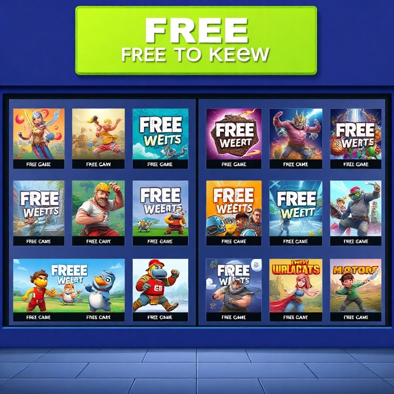 helldivers - A vibrant digital storefront display showing various free PC game titles with 'Free to Keep' banners, diverse ga