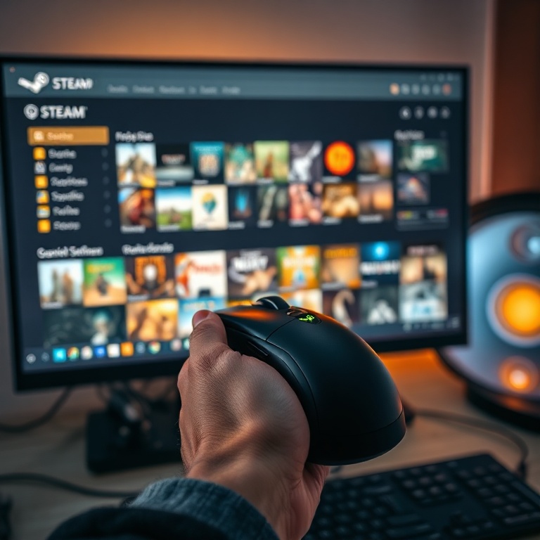 helldivers - A person's hand holding a gaming mouse, navigating the Steam client interface on a computer monitor, showing a d