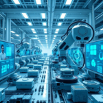A futuristic, clean manufacturing facility with advanced robotic arms precisely assembling components. Holographic data overlays show real-time efficiency metrics and AI insights. The scene is brightly lit with cool blue and white tones, emphasizing innovation and precision. Microsoft branding subtly visible on screens, cinematic, ultra realistic, highly detailed, 8k quality, photorealistic