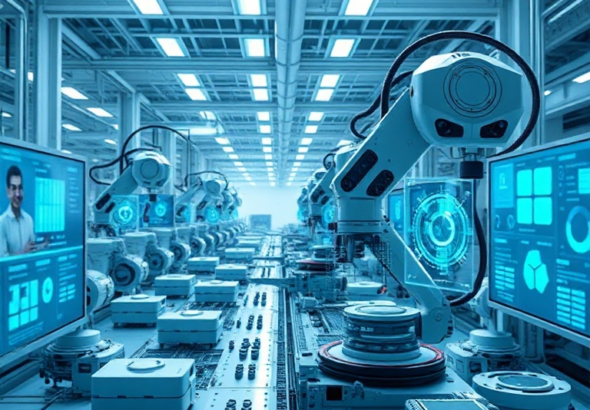 A futuristic, clean manufacturing facility with advanced robotic arms precisely assembling components. Holographic data overlays show real-time efficiency metrics and AI insights. The scene is brightly lit with cool blue and white tones, emphasizing innovation and precision. Microsoft branding subtly visible on screens, cinematic, ultra realistic, highly detailed, 8k quality, photorealistic