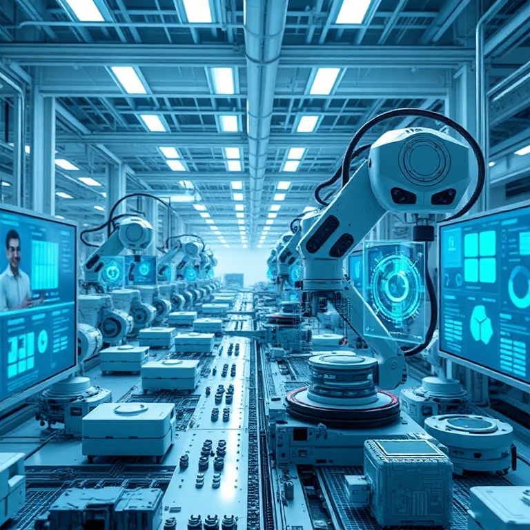 A futuristic, clean manufacturing facility with advanced robotic arms precisely assembling components. Holographic data overlays show real-time efficiency metrics and AI insights. The scene is brightly lit with cool blue and white tones, emphasizing innovation and precision. Microsoft branding subtly visible on screens, cinematic, ultra realistic, highly detailed, 8k quality, photorealistic