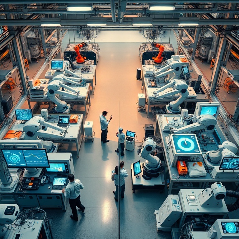 microsoft - An overhead view of a bustling, high-tech factory floor where human technicians collaborate seamlessly with agile