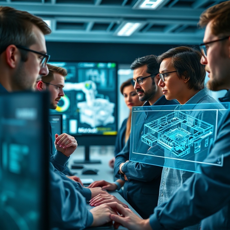A close-up of a diverse team of engineers (male and female, various ethnicities) in a modern control room, intently monitorin