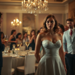 A woman in a elegant white dress stands frozen in shock at an engagement party, champagne glass slipping from her hand, as a mysterious woman with a striking resemblance to her fiancé enters, causing gasps from the surprised crowd. The fiancé looks utterly stunned and pale. Focus on the emotional tension, elegant party decor, and the dramatic entrance of the Fiancs Dead Sister. Cinematic lighting, highly detailed, photorealistic, 8k quality.