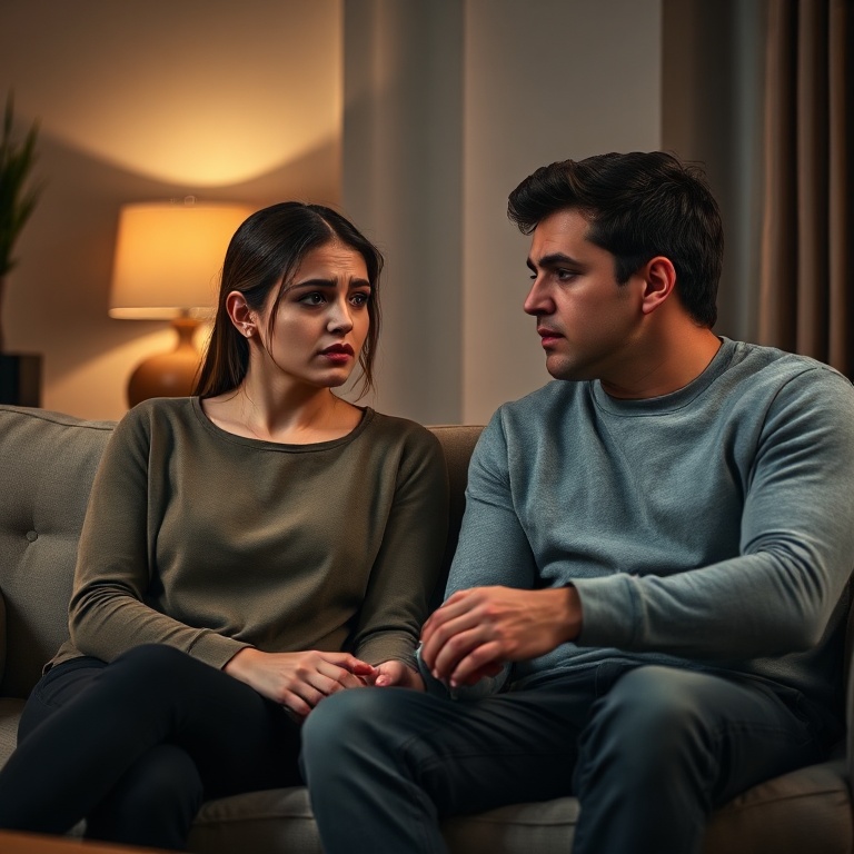 A serious, intimate conversation between a couple in their late twenties, sitting on a plush sofa in a dimly lit living room.