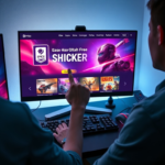 A gamer enthusiastically clicking to claim a free AAA game on the Epic Games Store interface displayed on a sleek monitor. The screen shows vibrant game art of a futuristic action title, with 'Shocker Grab Free' text overlay prominently featured. The gamer's desk is tidy, with a mechanical keyboard and RGB mouse, bathed in soft, inviting light, capturing a moment of digital excitement, ultra realistic, highly detailed, 8k quality, photorealistic