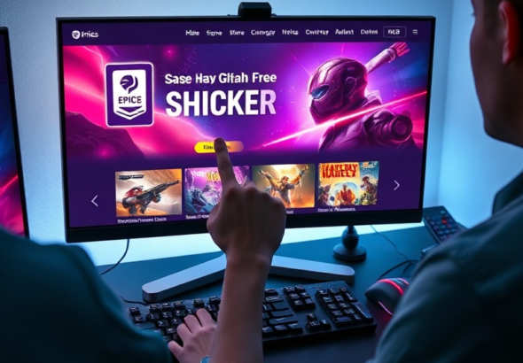 A gamer enthusiastically clicking to claim a free AAA game on the Epic Games Store interface displayed on a sleek monitor. The screen shows vibrant game art of a futuristic action title, with 'Shocker Grab Free' text overlay prominently featured. The gamer's desk is tidy, with a mechanical keyboard and RGB mouse, bathed in soft, inviting light, capturing a moment of digital excitement, ultra realistic, highly detailed, 8k quality, photorealistic