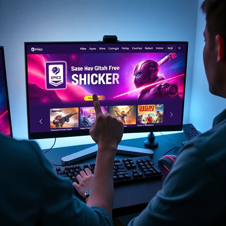 A gamer enthusiastically clicking to claim a free AAA game on the Epic Games Store interface displayed on a sleek monitor. The screen shows vibrant game art of a futuristic action title, with 'Shocker Grab Free' text overlay prominently featured. The gamer's desk is tidy, with a mechanical keyboard and RGB mouse, bathed in soft, inviting light, capturing a moment of digital excitement, ultra realistic, highly detailed, 8k quality, photorealistic