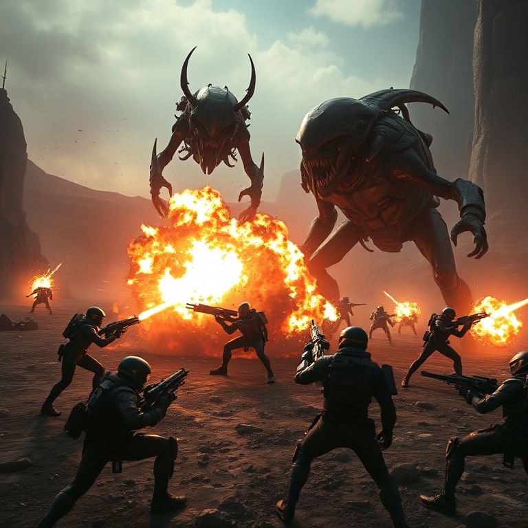 An intense co-op battle scene from Helldivers 2, with four Helldivers engaged in combat against massive alien Terminids on a