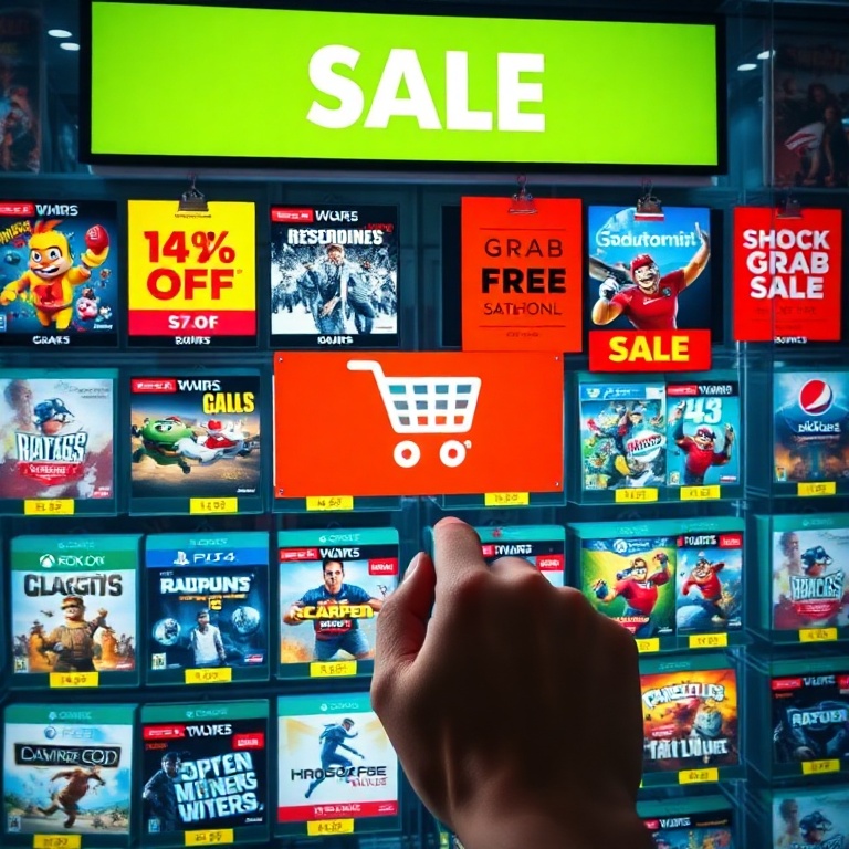 A vibrant digital storefront screen displaying numerous game sale banners and discount tags. Various popular game covers are