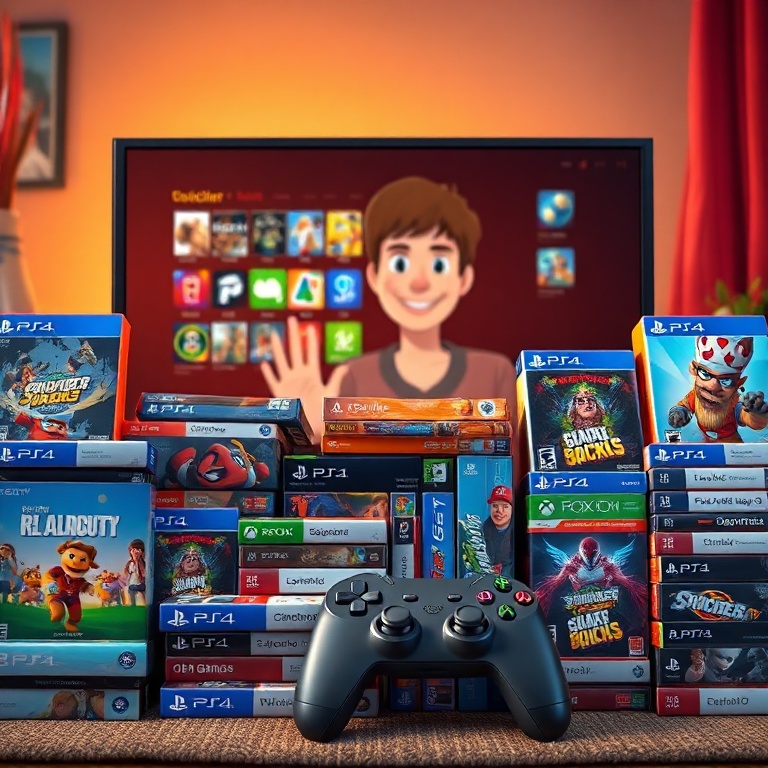 A diverse and impressive collection of game boxes, digital icons on a monitor, and a gaming controller, representing a succes