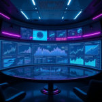Futuristic holographic display projecting complex data visualizations, showing real-time analytics graphs and predictive models in a sleek, dimly lit control room. Neon blue and purple light accents, highly detailed, 8k quality, cinematic, ultra realistic