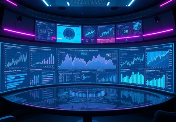 Futuristic holographic display projecting complex data visualizations, showing real-time analytics graphs and predictive models in a sleek, dimly lit control room. Neon blue and purple light accents, highly detailed, 8k quality, cinematic, ultra realistic