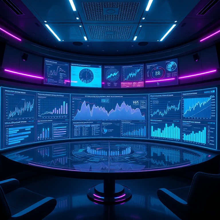 Futuristic holographic display projecting complex data visualizations, showing real-time analytics graphs and predictive models in a sleek, dimly lit control room. Neon blue and purple light accents, highly detailed, 8k quality, cinematic, ultra realistic