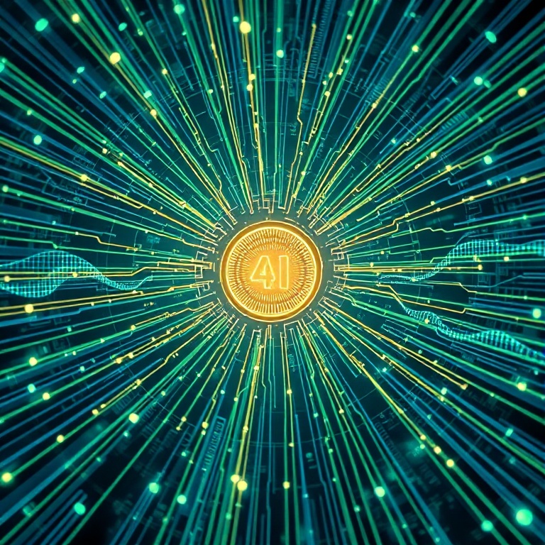 openais - Complex network of interconnected data streams flowing into a central, glowing AI core. Visual metaphors for speed