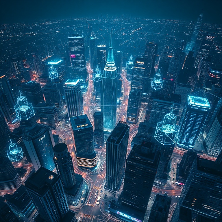 openais - Overhead view of a bustling smart city at night, with glowing data lines connecting buildings and vehicles. Hologra