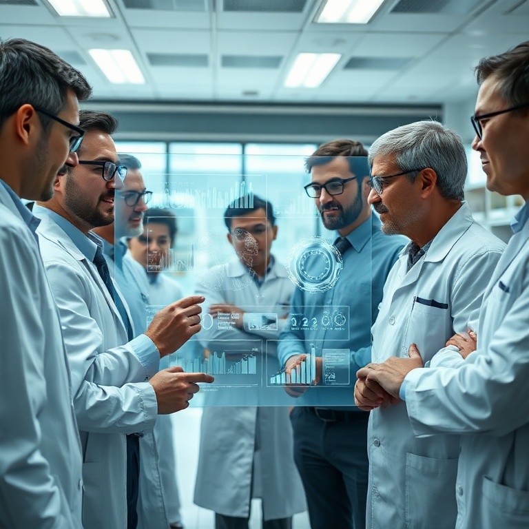 openais - Diverse group of scientists and engineers collaborating around a large transparent touch screen displaying real-tim