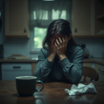 A woman sitting alone at a dimly lit kitchen table, head in hands, looking distraught and overwhelmed, with a half-empty coffee cup and crumpled tissues nearby. The atmosphere is heavy with regret and contemplation, muted colors, soft focus, cinematic, realistic, 8k quality, photorealistic