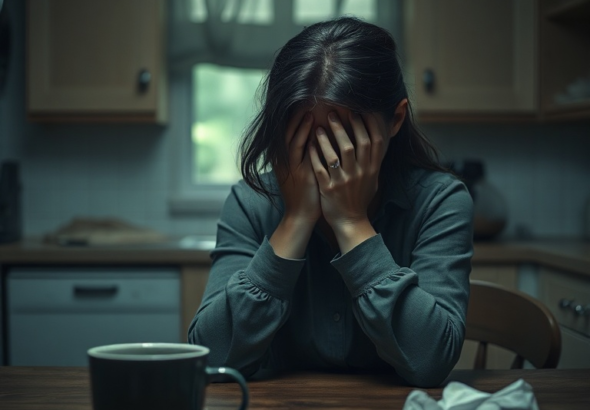 A woman sitting alone at a dimly lit kitchen table, head in hands, looking distraught and overwhelmed, with a half-empty coffee cup and crumpled tissues nearby. The atmosphere is heavy with regret and contemplation, muted colors, soft focus, cinematic, realistic, 8k quality, photorealistic