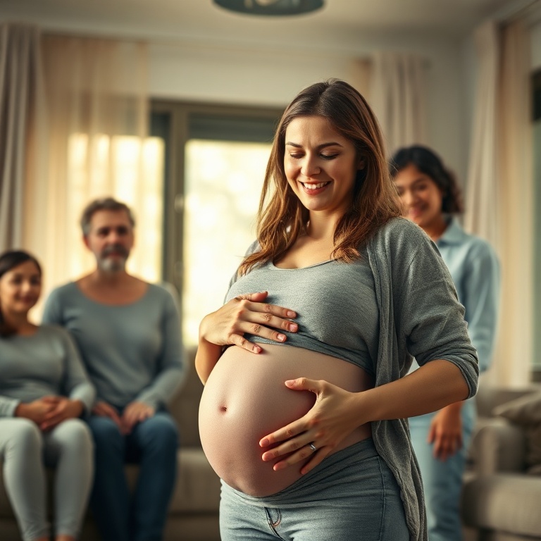 confession - A heavily pregnant woman with a radiant smile, gently touching her belly, surrounded by a warm, supportive famil