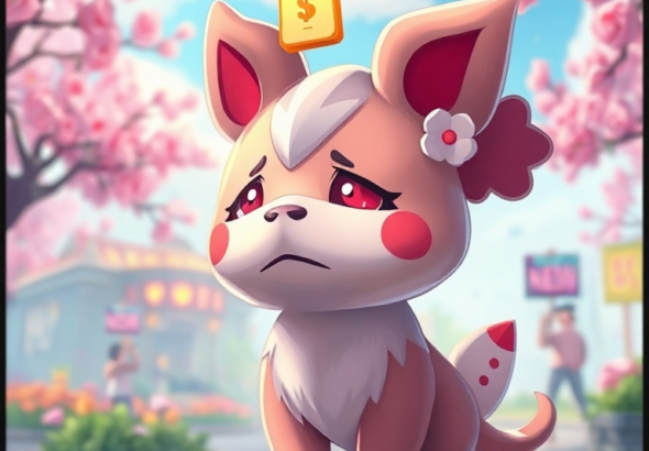 A digital illustration depicting a Palworld-like creature with cherry blossom (sakura) motifs, but with a small, glowing 'price tag' icon floating above it, looking sad or conflicted. The background shows a vibrant, new 'Sakura Bloom' themed environment, but with subtle hints of player frustration or digital protest signs in the distance. The overall mood is visually appealing yet conveys a sense of controversy, high detail, vibrant colors, game art style, 8k quality, cinematic lighting.