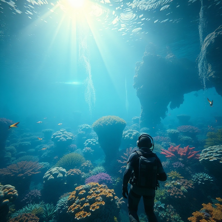 palworlds - A breathtaking underwater scene from Subnautica, showing a player character in a diving suit observing vibrant al