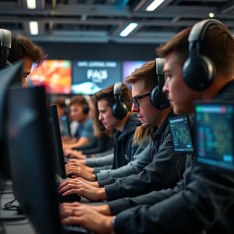 palworlds - A dynamic scene of diverse gamers, each with a headset, intensely focused on their computer screens in a modern,