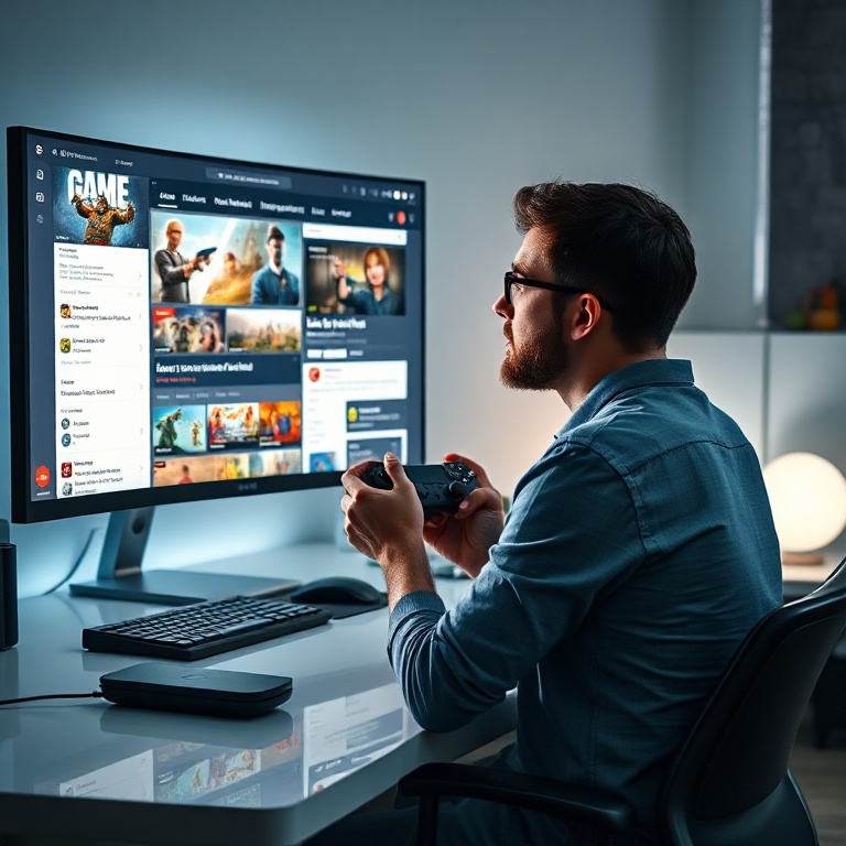palworlds - A thoughtful gamer sitting at a sleek desk, illuminated by the glow of a large monitor displaying a complex inter