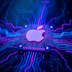 futuristic Apple silicon chip glowing with intricate neural network patterns, set against a dark, high-tech background, showcasing advanced engineering, vibrant blue and purple light trails, ultra realistic, highly detailed, 8k quality, photorealistic