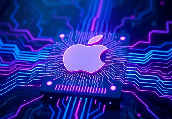 futuristic Apple silicon chip glowing with intricate neural network patterns, set against a dark, high-tech background, showcasing advanced engineering, vibrant blue and purple light trails, ultra realistic, highly detailed, 8k quality, photorealistic