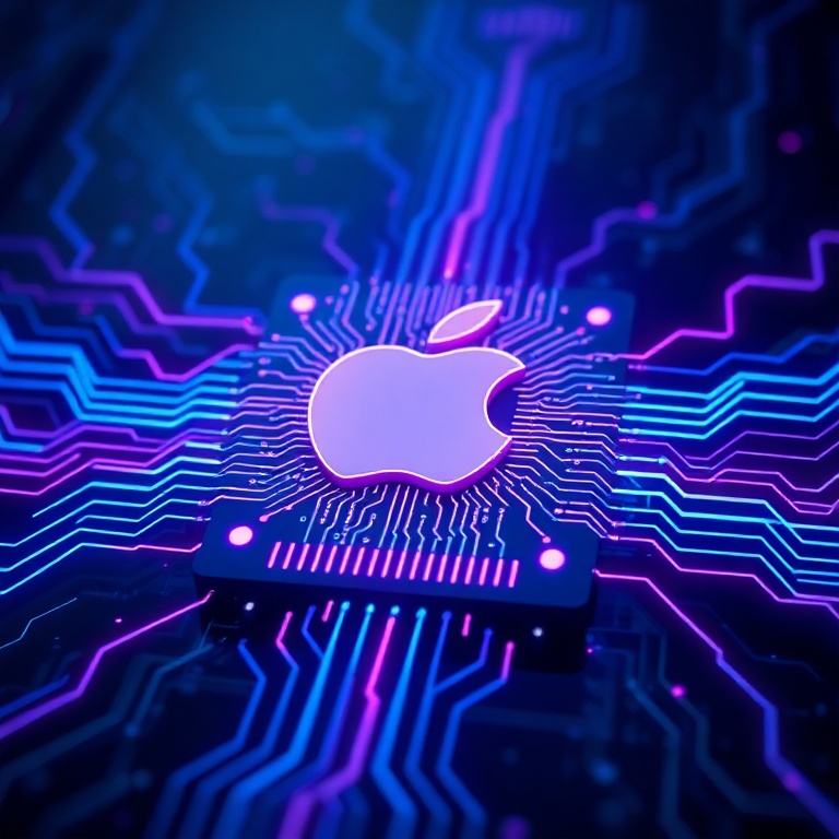 futuristic Apple silicon chip glowing with intricate neural network patterns, set against a dark, high-tech background, showcasing advanced engineering, vibrant blue and purple light trails, ultra realistic, highly detailed, 8k quality, photorealistic
