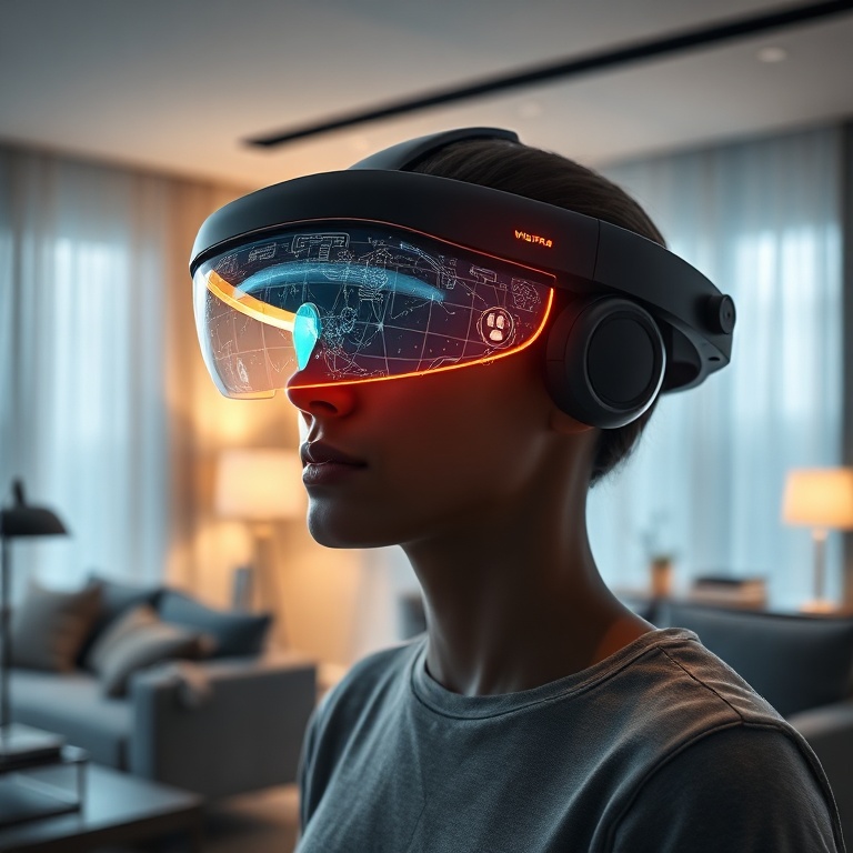 apples - a sleek, futuristic Apple Vision Pro 2 headset glowing with subtle light, displaying an intricate holographic interf