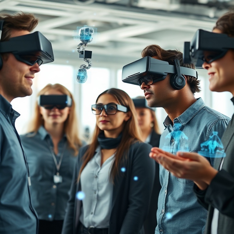 apples - a diverse group of people in a futuristic collaborative workspace, wearing sleek augmented reality headsets, interac