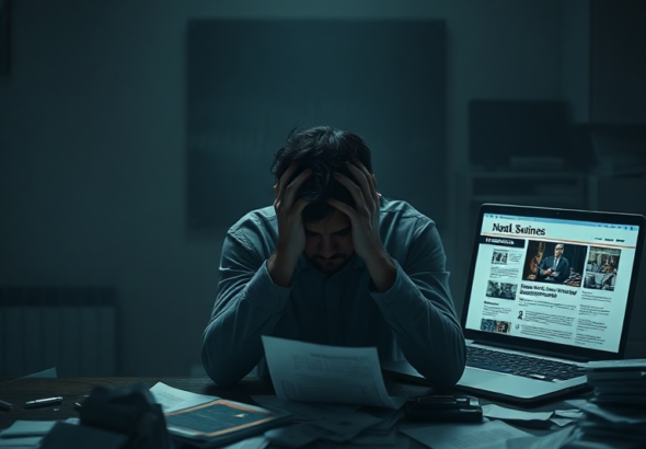 A person sitting alone at a desk in a dimly lit room, head in hands, surrounded by discarded papers and a laptop displaying a news article about a business failure, reflecting profound guilt and despair, cinematic lighting, realistic, detailed, moody atmosphere, 8k quality