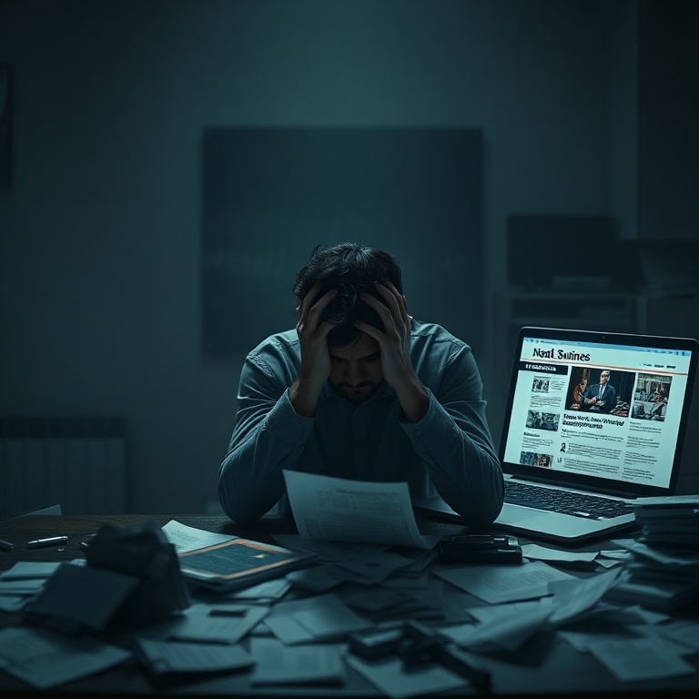 A person sitting alone at a desk in a dimly lit room, head in hands, surrounded by discarded papers and a laptop displaying a news article about a business failure, reflecting profound guilt and despair, cinematic lighting, realistic, detailed, moody atmosphere, 8k quality