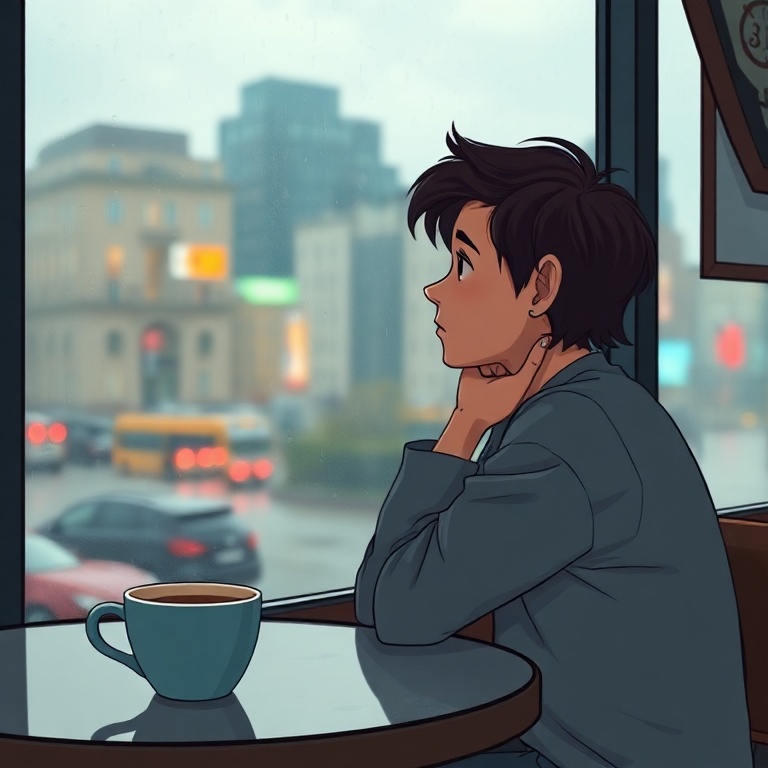 confession - A person sitting alone in a cafe, looking out a rainy window, a half-empty coffee cup on the table, their expres