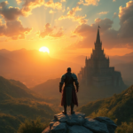 A beautifully rendered scene from a fantastical action RPG. A lone knight in intricate armor stands on a cliff overlooking a vast, lush valley with a towering, ancient castle in the distance under a dramatic sunset sky. The atmosphere is epic and adventurous, with warm golden light, highly detailed environments, and a sense of discovery. Cinematic shot, ultra realistic, 8k quality, digital painting style.