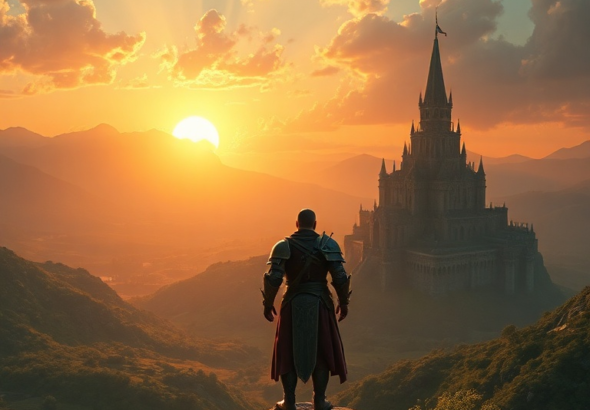 A beautifully rendered scene from a fantastical action RPG. A lone knight in intricate armor stands on a cliff overlooking a vast, lush valley with a towering, ancient castle in the distance under a dramatic sunset sky. The atmosphere is epic and adventurous, with warm golden light, highly detailed environments, and a sense of discovery. Cinematic shot, ultra realistic, 8k quality, digital painting style.