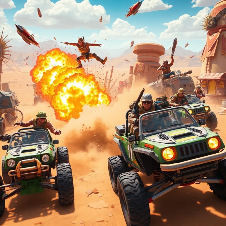 latest - A vibrant, chaotic scene from Fortnite's new 'Wrecked' season. Players in customizable post-apocalyptic outfits are