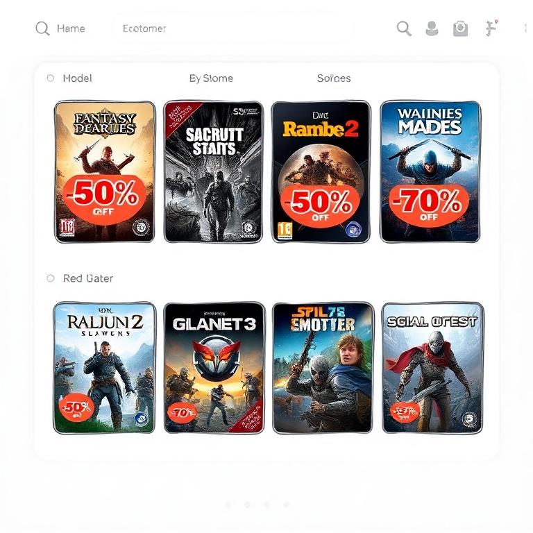 latest - A digital storefront interface showing multiple game covers with prominent discount badges (e.g., '-50%', '-75%'). T