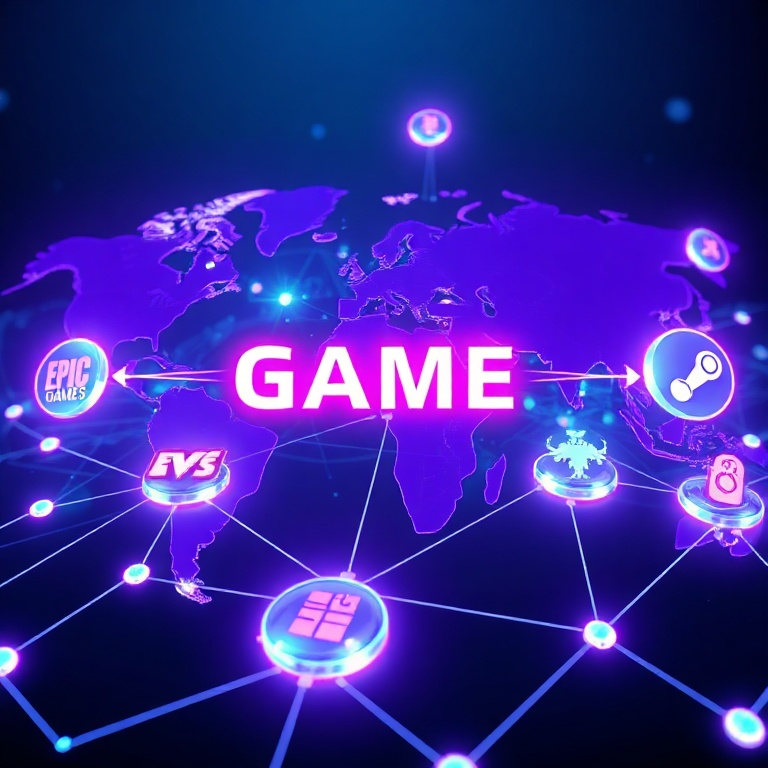 latest - A futuristic, stylized representation of the global gaming landscape. Interconnected glowing lines link icons repres