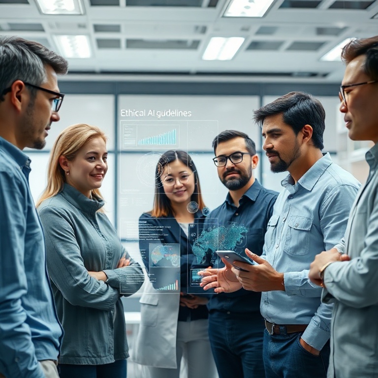 A diverse group of researchers and engineers collaborating in a modern, brightly lit lab, looking at a holographic display sh